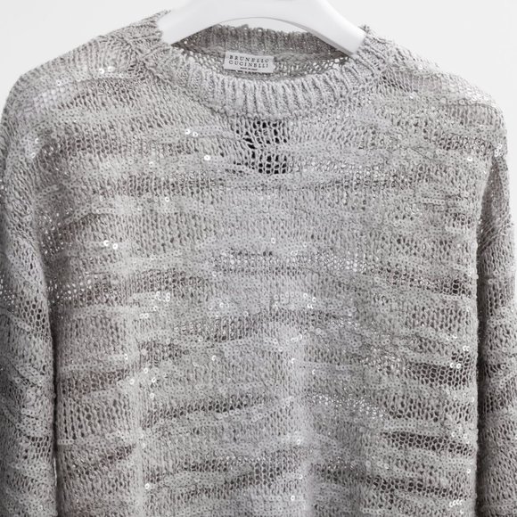 Brunello Cucinelli SS/22 Grey Sequin-Embellished Knitted Cropped Jumper - Picture 4 of 11